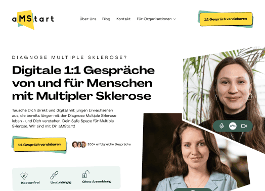 Dynamisches Website-Layout für aMStart, digitale 1:1 Gespräche für junge Erwachsene mit Multipler Sklerose