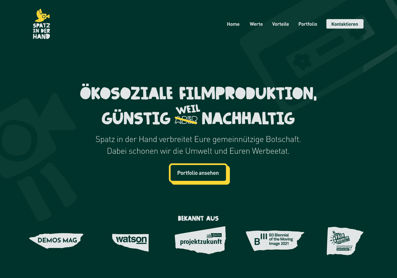 Spatz in der Hand: Ökosoziale Filmproduktion, Professionell-spielerisches Website-Layout